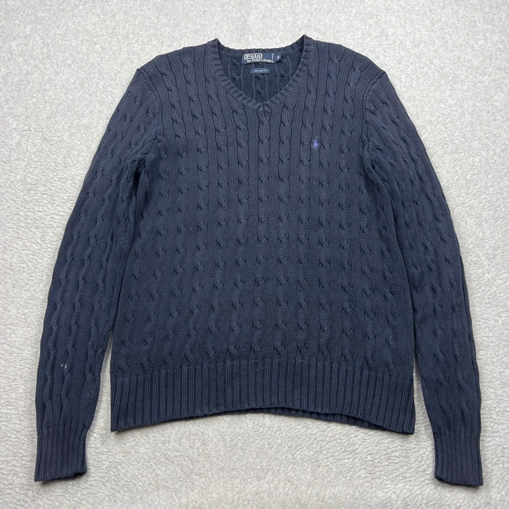 VTG Polo Ralph Lauren Cable Knit Sweater Mens Small Blue V-Neck Cotton Pullover